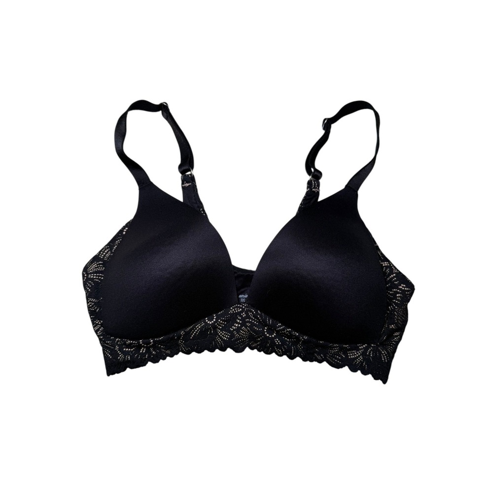 Aerie Real Sunnie Wireless Bra Black Floral Lace Trim Padded 32C
